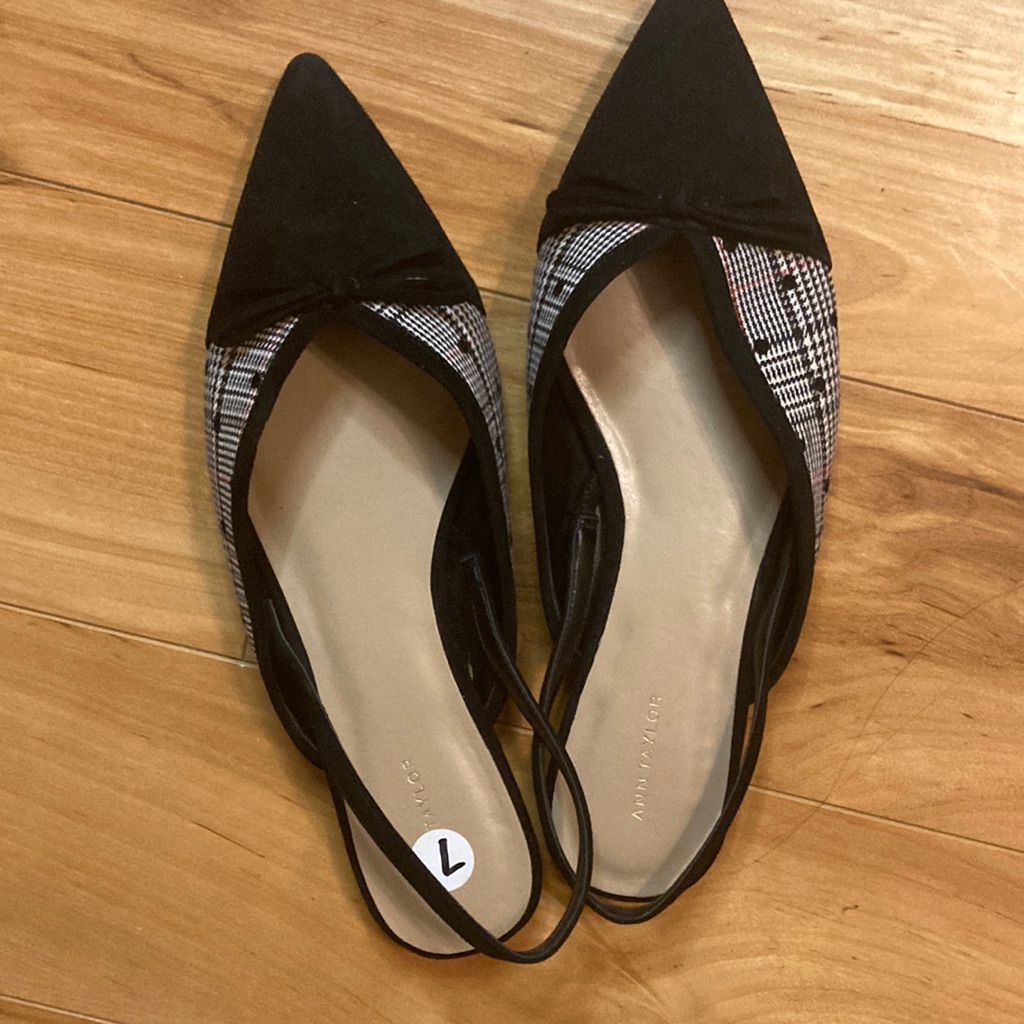Ann Taylor Black Plaid Pointed Toe Slingback Flats